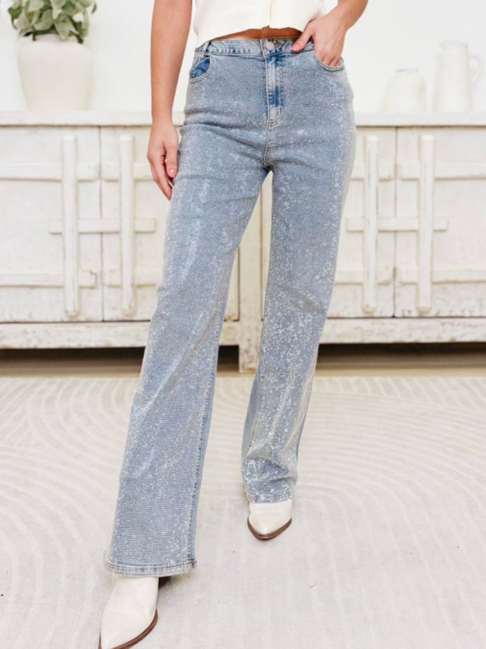High-Rise Light Blue Sparkle Straight-Leg Jeans